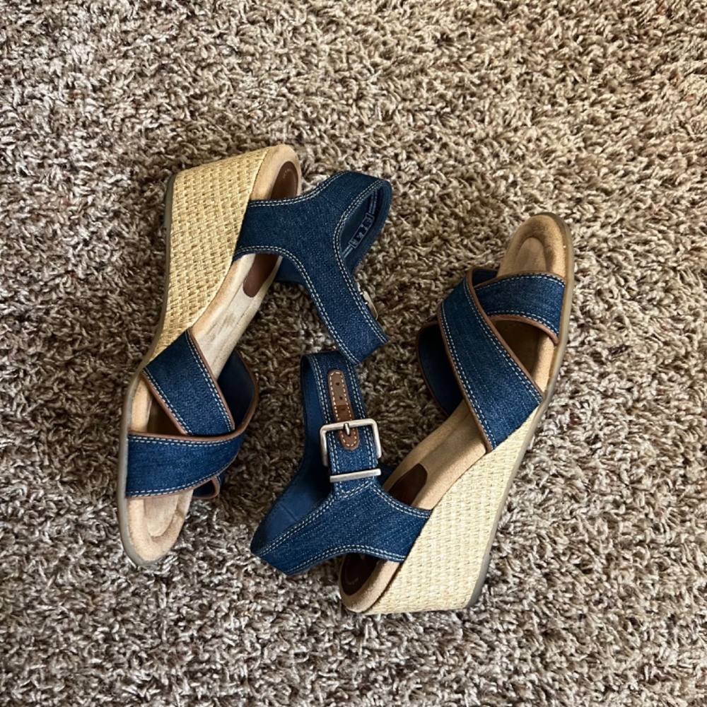 Clark: Denim Wedge Sandals with Ankle Strap – Size 7 - Picture 7 of 8